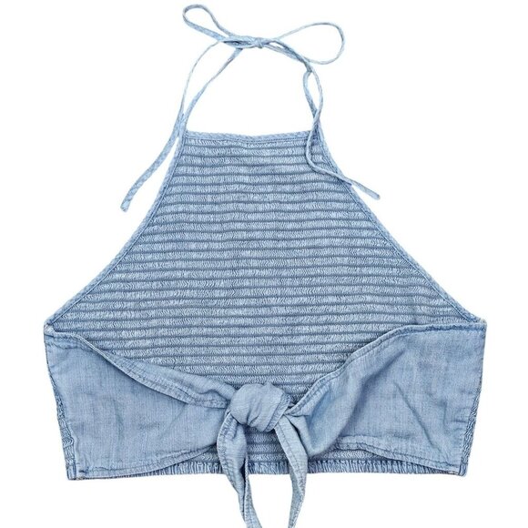 Hollister Light Blue Smocked Front Halter Crop Tank with Back Tie Size Small - Picture 2 of 4
